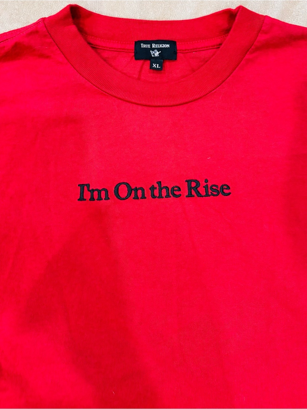 True Religion Red Cropped Long Sleeve Tee with 'I'm On the Rise' Embroidery